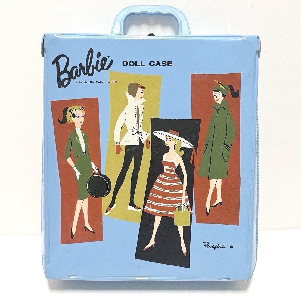 Vintage 1961 Barbie Ponytail Doll Case Mattel Blue Vinyl Fashion Illustrations